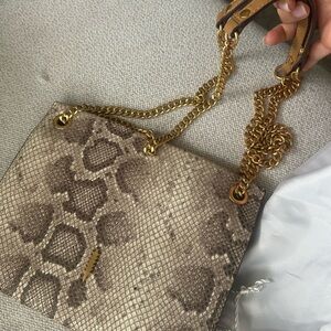 Snake-Print Chain Shoulder Bag in Beige